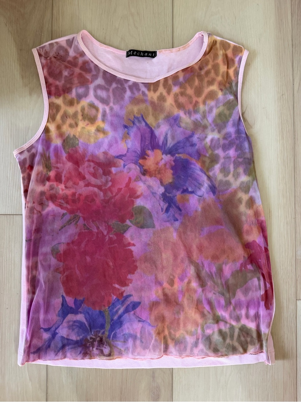 Mechant Pink Floral & Leopard Mesh Sleeveless Top